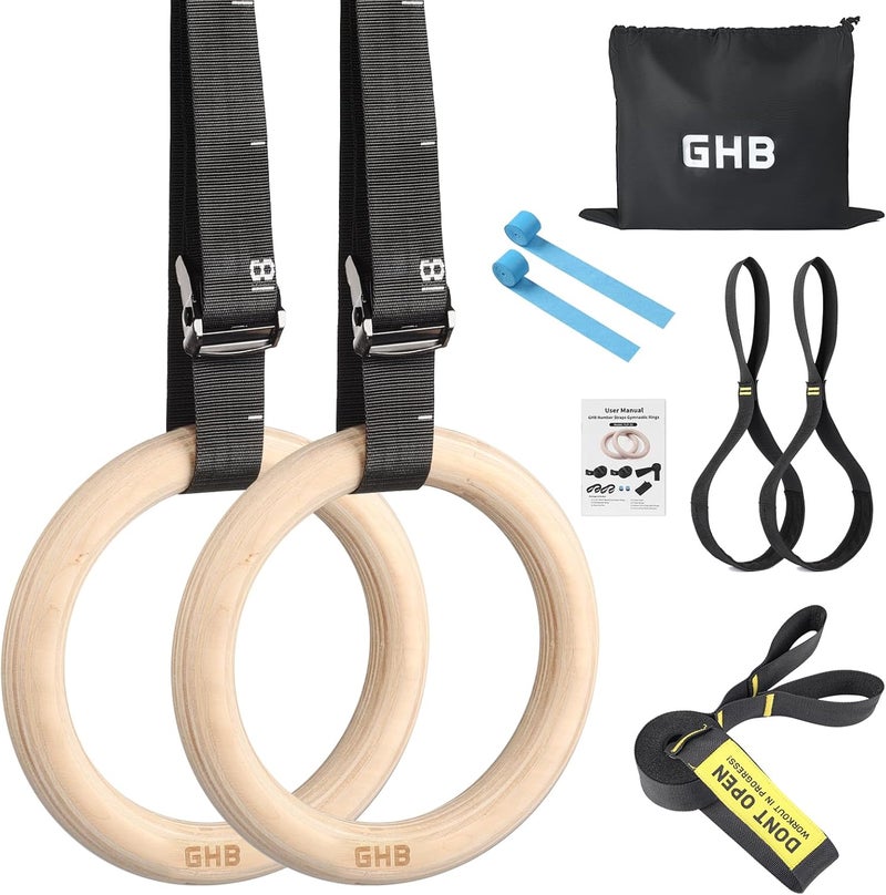 GHB Gymnastic Rings Wooden Gym Rings 1.25" Olympic Rings Adjustable Straps Pull Up Rings Sets for Workout Bodyweight Fitness Training - Image 1